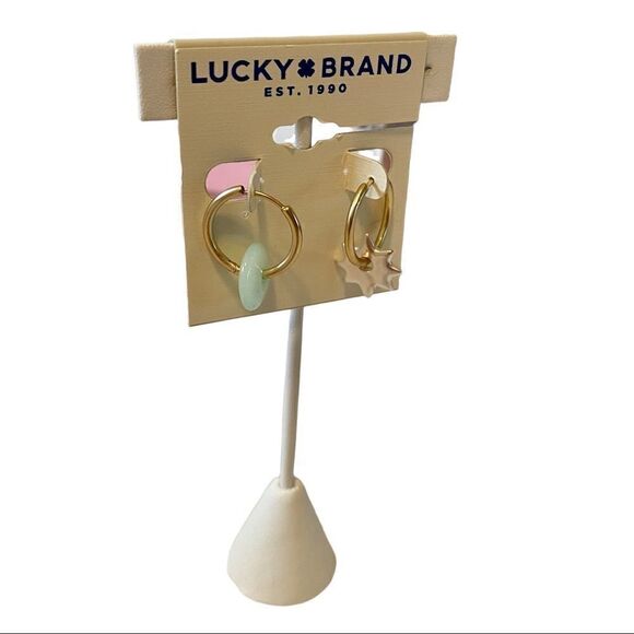 Lucky Gold Toned Hoop Dangle Earrings w/ Lt. Green round stone & Silver star. - Picture 4 of 6